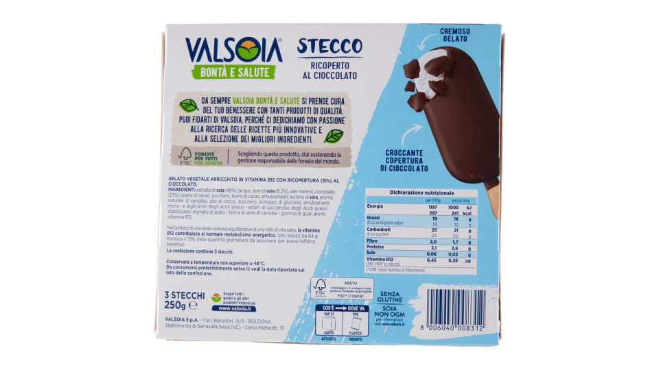 Valsoia Bontà E Salute Stecco Ricoperto Al Cioccolato 3 X 84 G