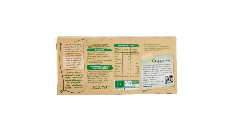 Albicocca Succo E Polpa Biologica 3 X 200 Ml