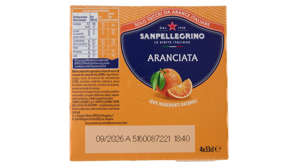 Bibite Sanpellegrino, Bevanda Gassata, Aranciata, Lattina - 4 X330ml