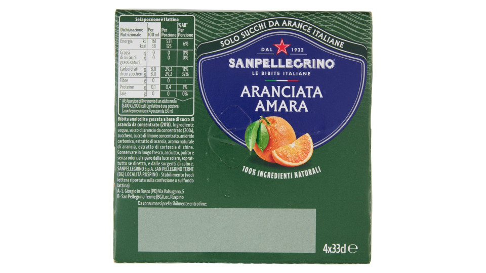 Bibite Sanpellegrino, Bevanda Gassata, Aranciata Amara, Lattina - 4x330ml