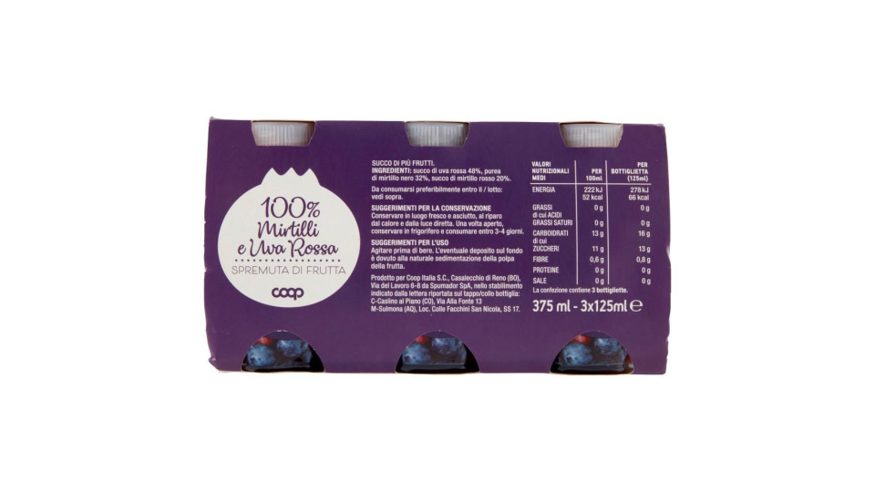 100% Mirtilli E Uva Rossa Spremuta Di Frutta 3 X 125 Ml