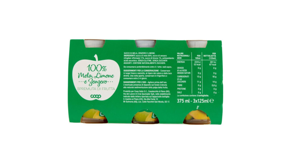 100% Mela, Limone E Zenzero Spremuta Di Frutta 3 X 125 Ml