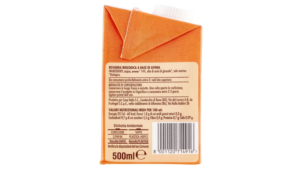 Naturalmente Senza Lattosio Avena Biologica 500 Ml