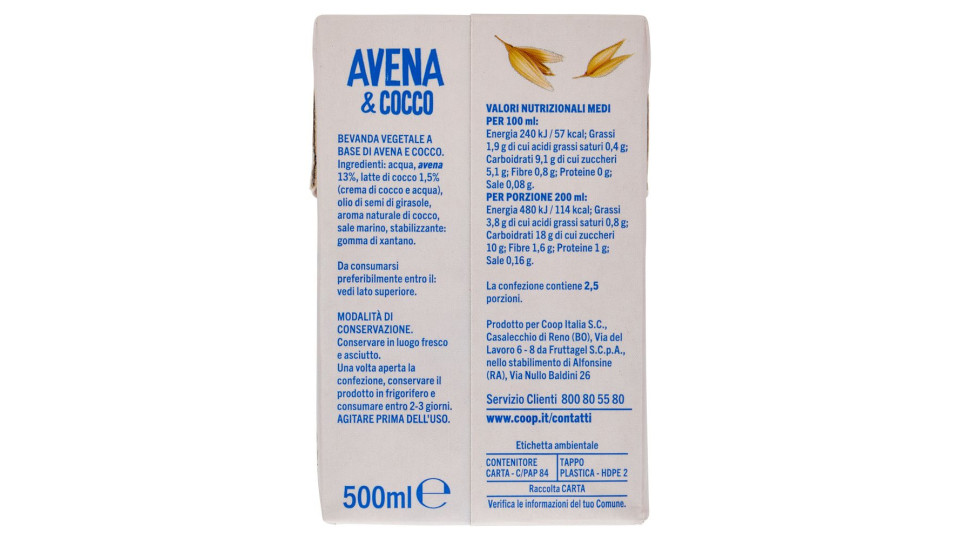 Bevanda Avena & Cocco Naturalmente Senza Lattosio 500 Ml