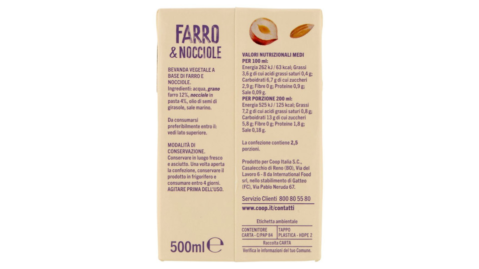 Bevanda Farro & Nocciole Naturalmente Senza Lattosio 500 Ml