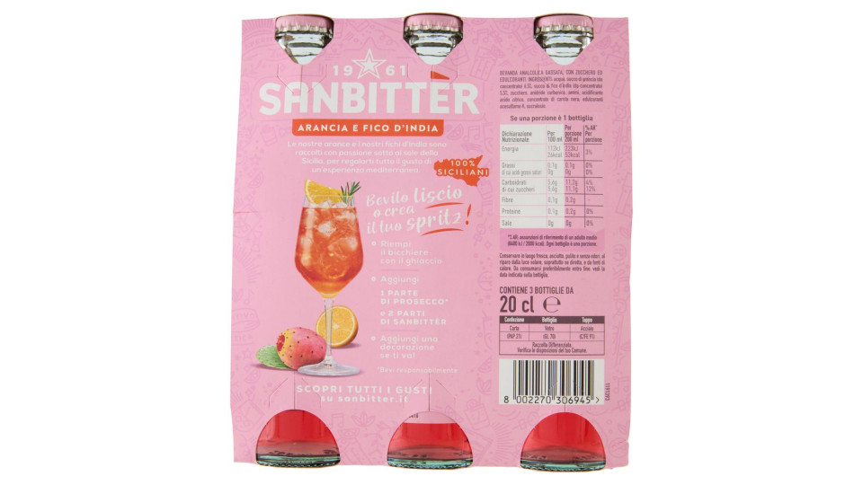 Sanbittèr, Arancia E Fico D'india, Aperitivo Analcolico - 3 X 200ml
