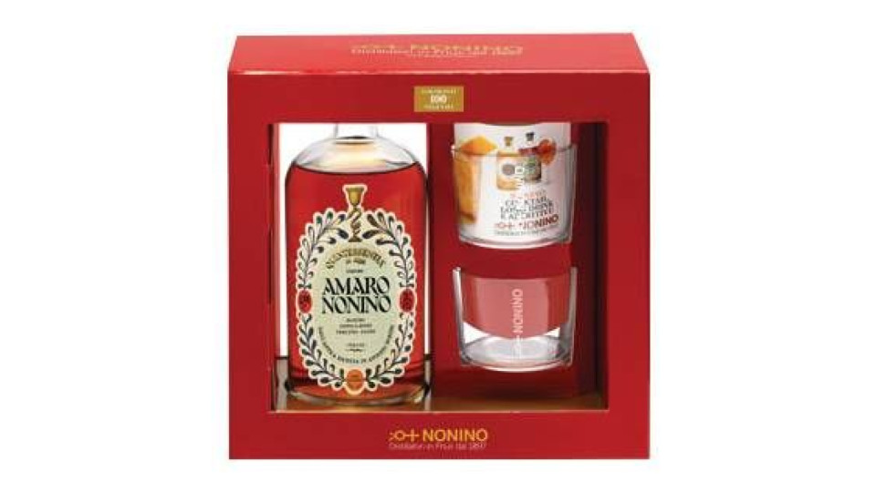 Astuccio Decorato Con 2 Bicchieri Tumbler Amaro Quintessentia® Nonino Distillatori 700 Ml.