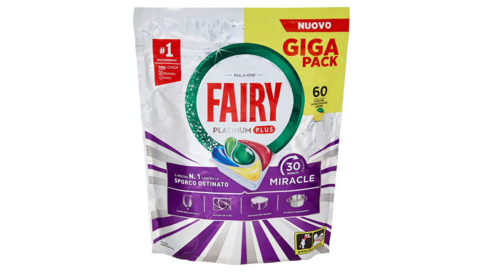 Fairy Pastiglie Lavastoviglie Platinum Plus All In One Miracle, Detersivo Piatti Limone 60 Caps 988g
