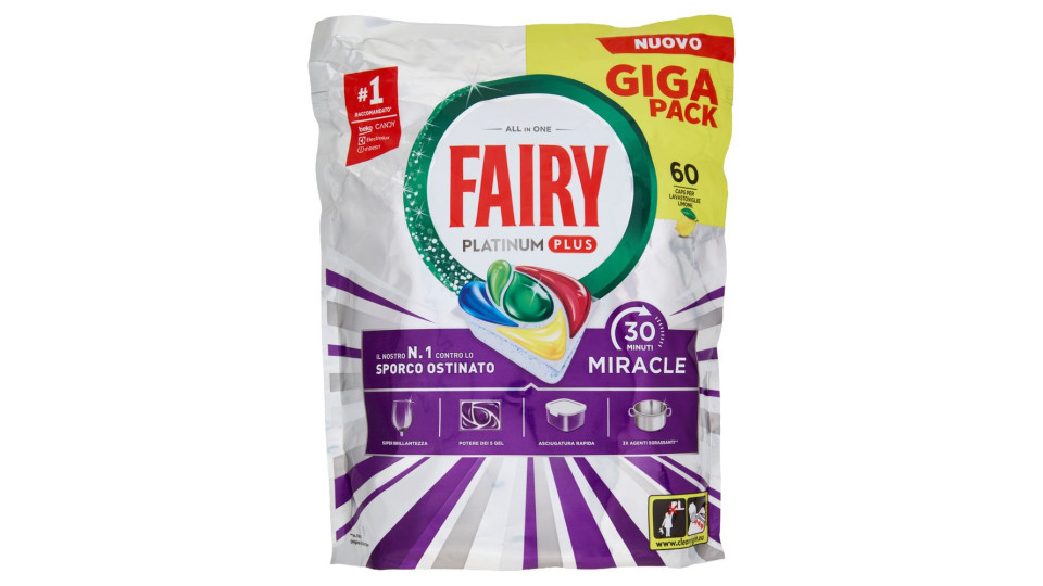 Fairy Pastiglie Lavastoviglie Platinum Plus All In One Miracle, Detersivo Piatti Limone 60 Caps 988g