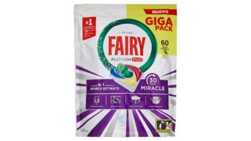 Fairy Pastiglie Lavastoviglie Platinum Plus All In One Miracle, Detersivo Piatti Limone 60 Caps 988g
