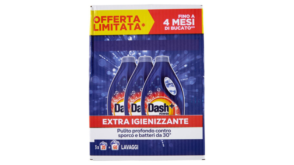 Dash Power Detersivo Liquido Lavatrice, Azione Extra-igienizzante, 3x20 Lavaggi=60 Lavaggi 3x900ml