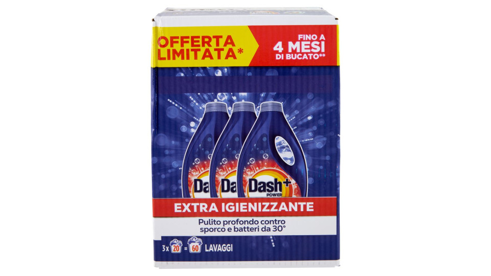 Dash Power Detersivo Liquido Lavatrice, Azione Extra-igienizzante, 3x20 Lavaggi=60 Lavaggi 3x900ml