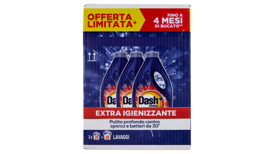 Dash Power Detersivo Liquido Lavatrice, Azione Extra-igienizzante, 3x20 Lavaggi=60 Lavaggi 3x900ml