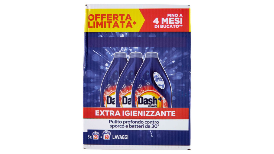 Dash Power Detersivo Liquido Lavatrice, Azione Extra-igienizzante, 3x20 Lavaggi=60 Lavaggi 3x900ml