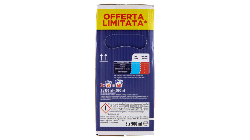 Dash Power Detersivo Liquido Lavatrice, Azione Extra-igienizzante, 3x20 Lavaggi=60 Lavaggi 3x900ml