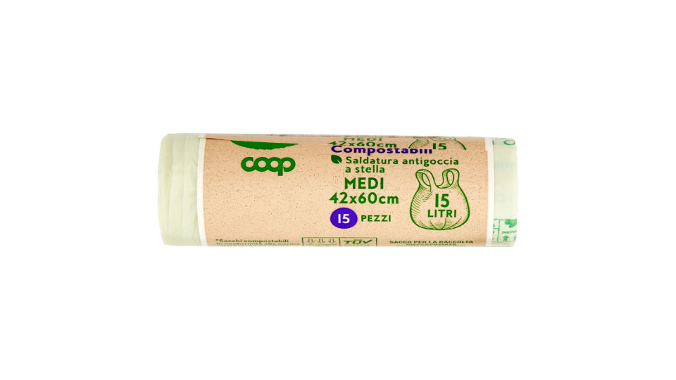 Sacchi Per Rifiuti Organici Con Maniglia Compostabili* Medi 42x60cm 15 Litri 15 Pz