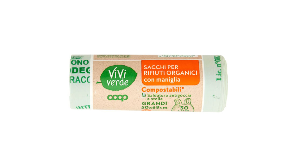 Sacchi Per Rifiuti Organici Con Maniglia Compostabili* Grandi 50x68cm 30 Litri 15 Pz