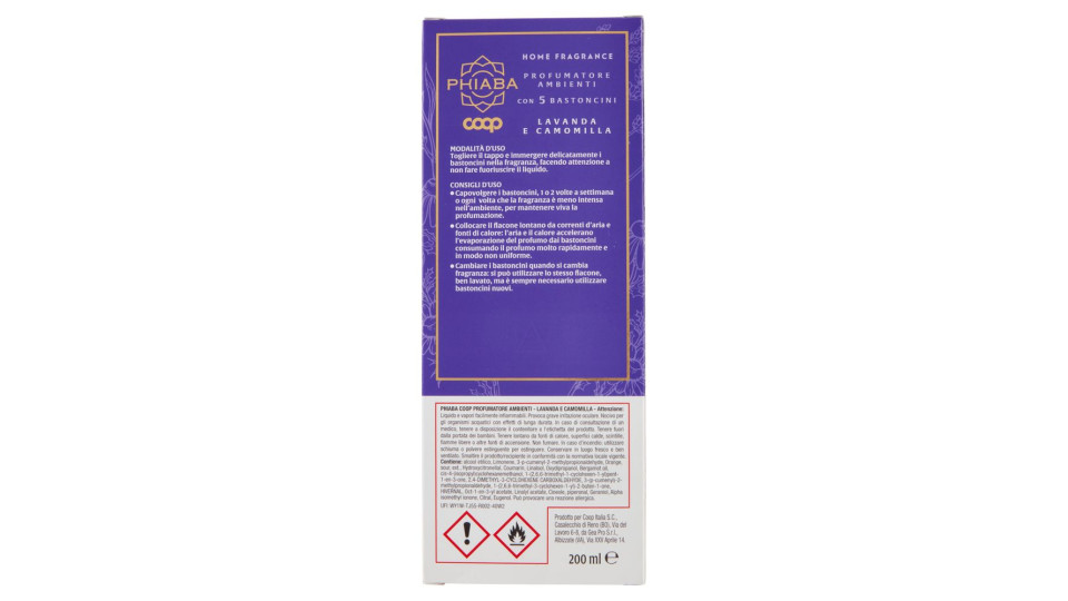 Profumatore Ambienti Con 5 Bastoncini Lavanda E Camomilla Home Fragrance 200 Ml