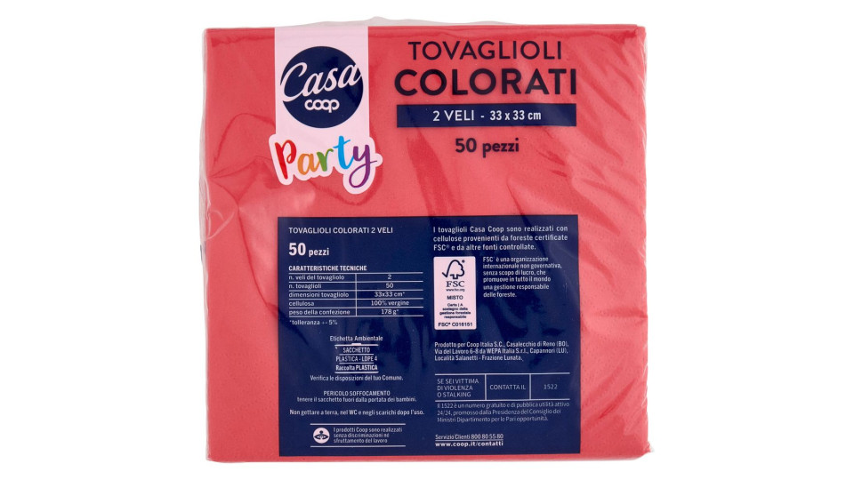 Tovaglioli Colorati 2 Veli 33x33 Cm Rossi 50 Pz