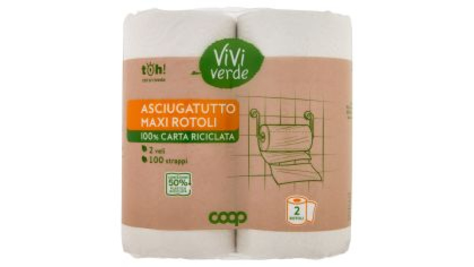 Asciugatutto Maxi Rotoli 100% Carta Riciclata 2 Veli 100 Strappi 2 Pz