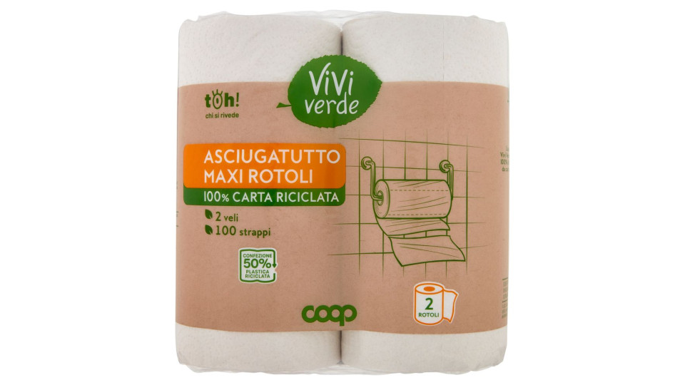 Asciugatutto Maxi Rotoli 100% Carta Riciclata 2 Veli 100 Strappi 2 Pz