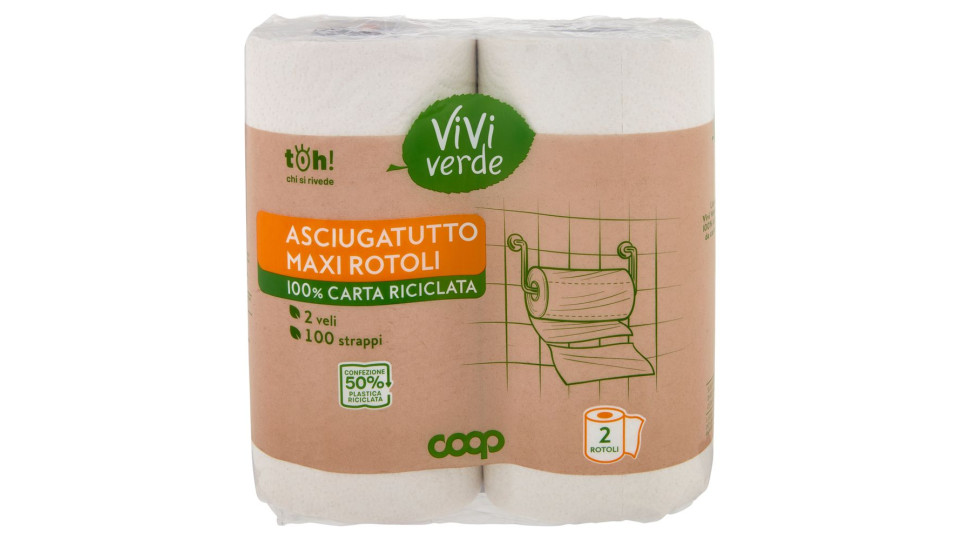 Asciugatutto Maxi Rotoli 100% Carta Riciclata 2 Veli 100 Strappi 2 Pz