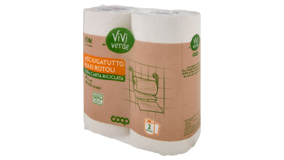 Asciugatutto Maxi Rotoli 100% Carta Riciclata 2 Veli 100 Strappi 2 Pz