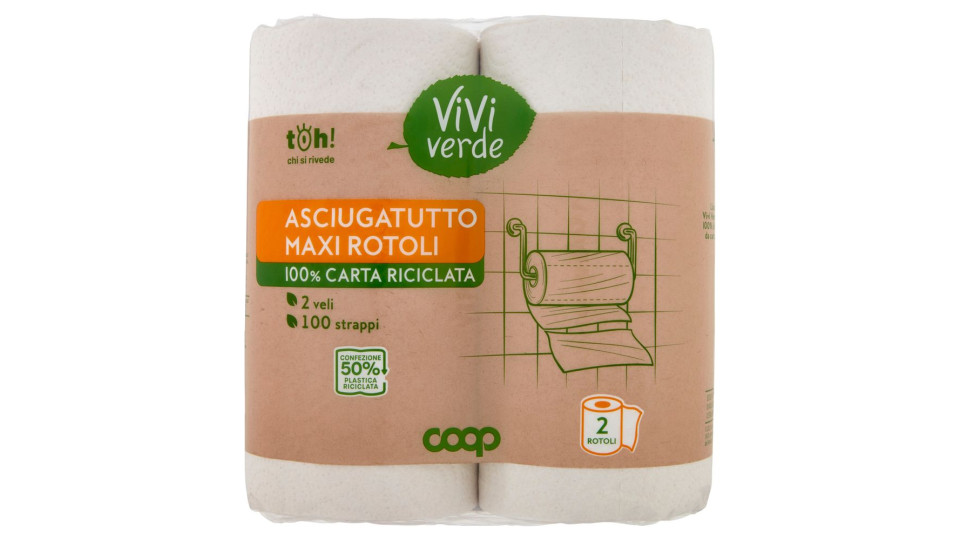 Asciugatutto Maxi Rotoli 100% Carta Riciclata 2 Veli 100 Strappi 2 Pz