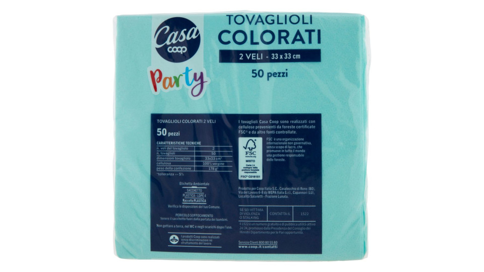 Tovaglioli Colorati 2 Veli 33x33 Cm Azzurri 50 Pz