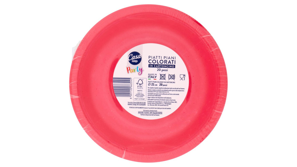 Piatti Piani Colorati In Cartoncino Ø 21 Cm Rossi 20 Pz