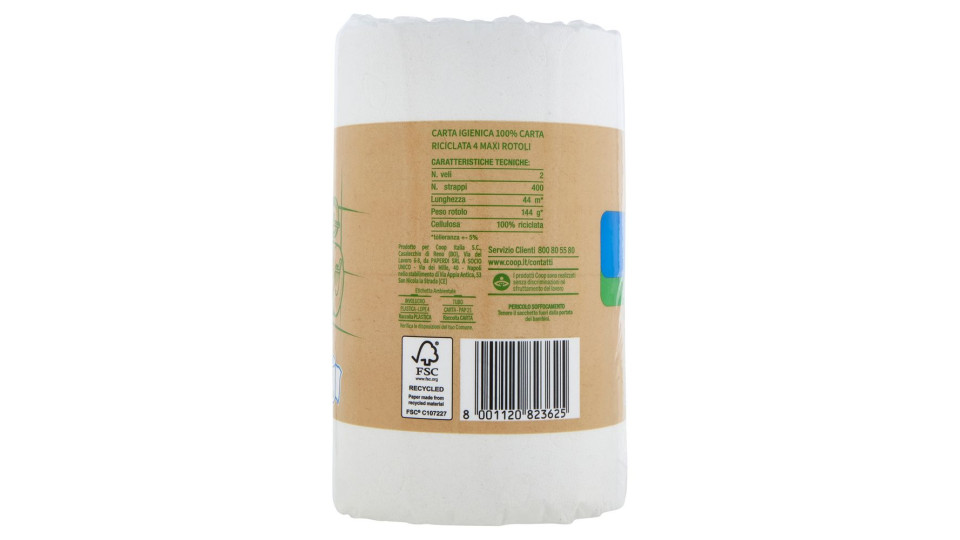 Carta Igienica Maxi Rotoli 100% Carta Riciclata 2 Veli 4 Pz