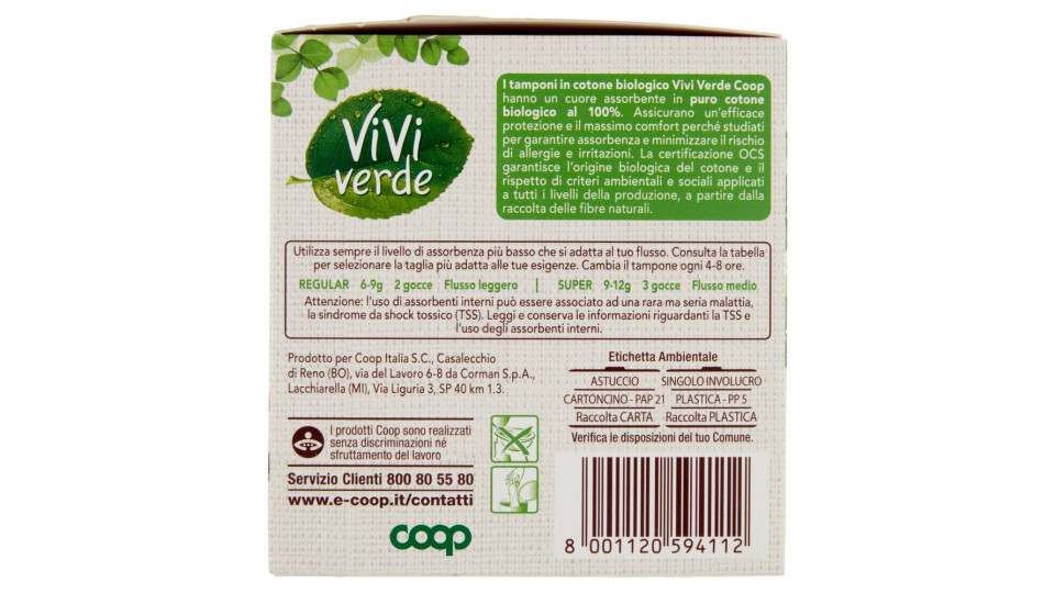 Assorbenti Interni In Cotone Biologico Super Tamponi 14 Pz