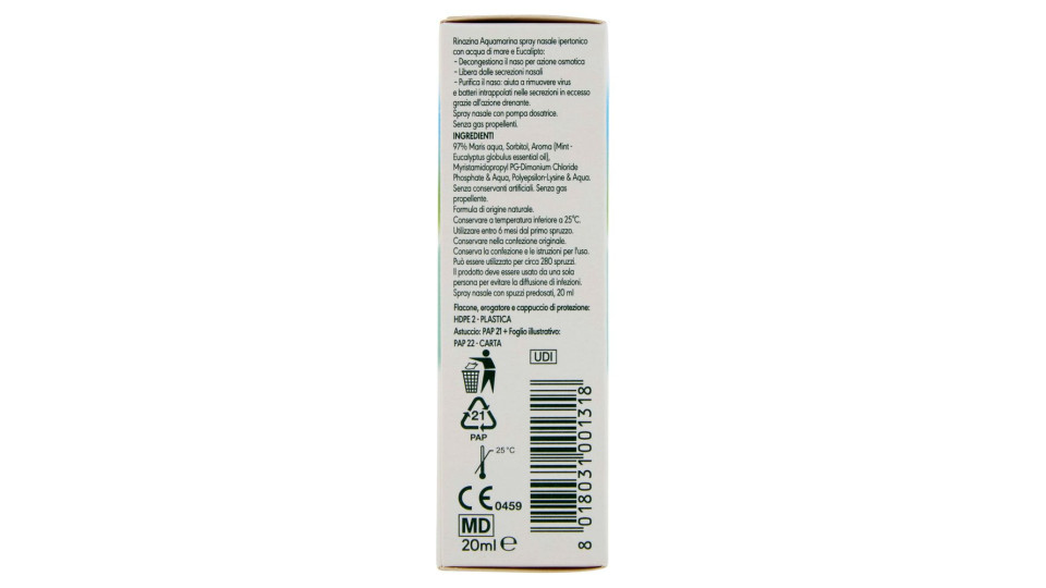 Rinazina Aquamarina Spray Nasale Decongestionale Ipertonico Sollievo Naso Chiuso E Raffreddore 20ml