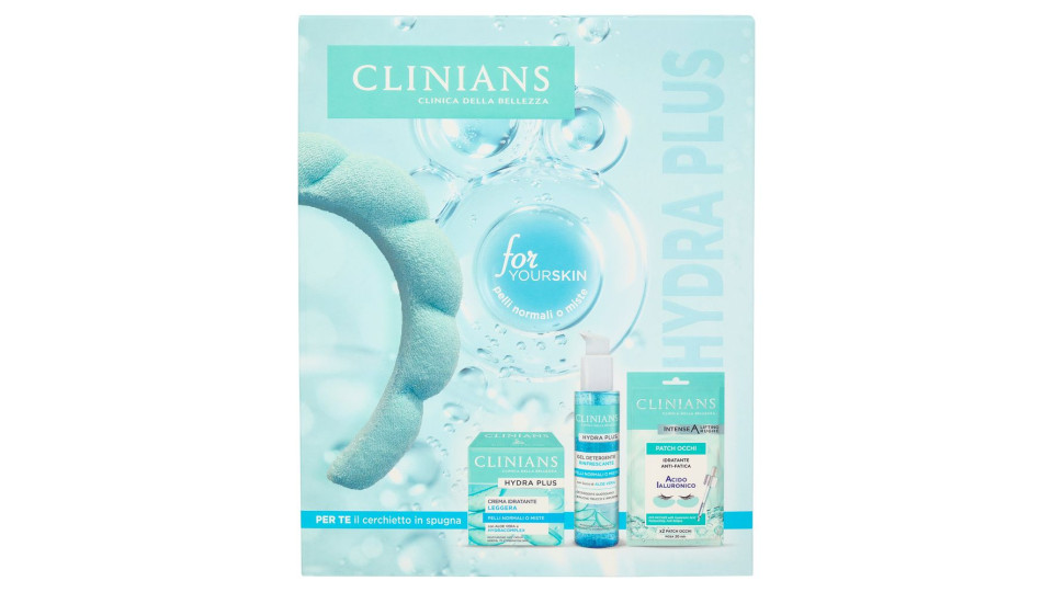 Clinians Hydra Plus Crema Idratante Leggera 50 Ml + Gel Detergente Rinfrescante 150 Ml + Patch Occhi