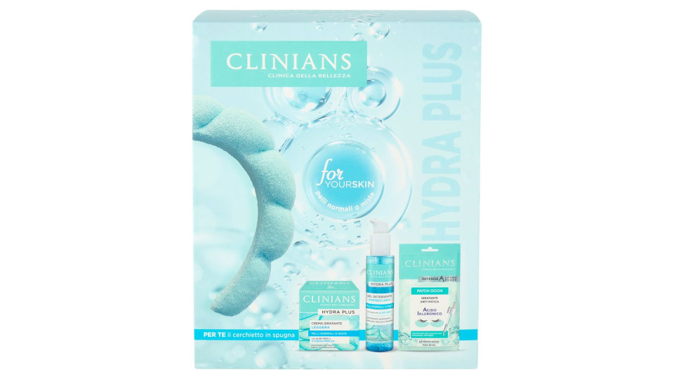 Clinians Hydra Plus Crema Idratante Leggera 50 Ml + Gel Detergente Rinfrescante 150 Ml + Patch Occhi