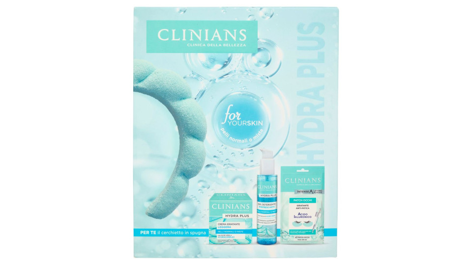 Clinians Hydra Plus Crema Idratante Leggera 50 Ml + Gel Detergente Rinfrescante 150 Ml + Patch Occhi