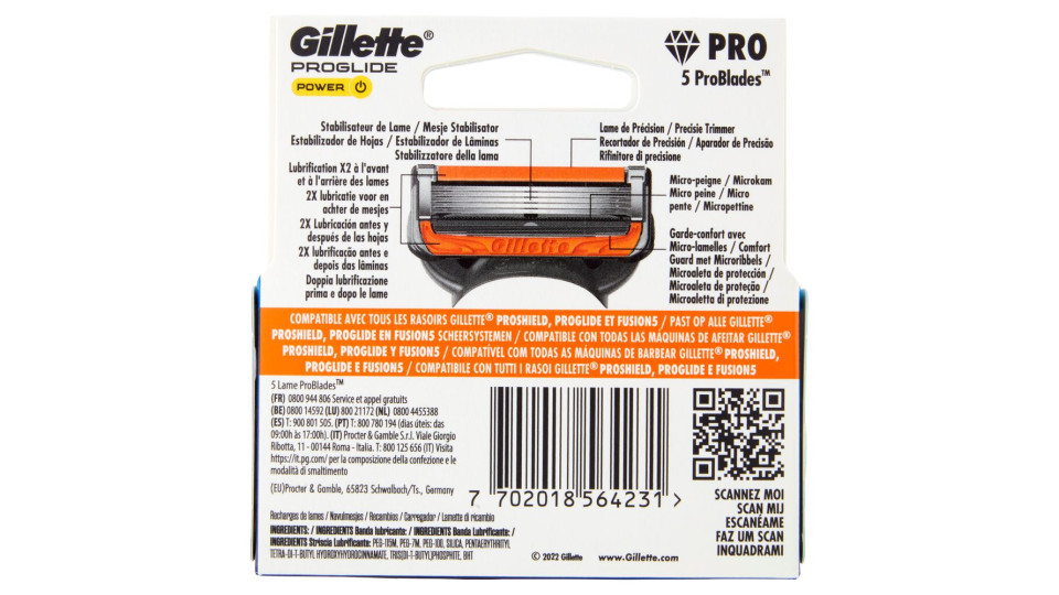 Gillette Proglide Power Lamette Di Ricambio Per Rasoio Da Uomo 5 Problades, 4 Ricariche