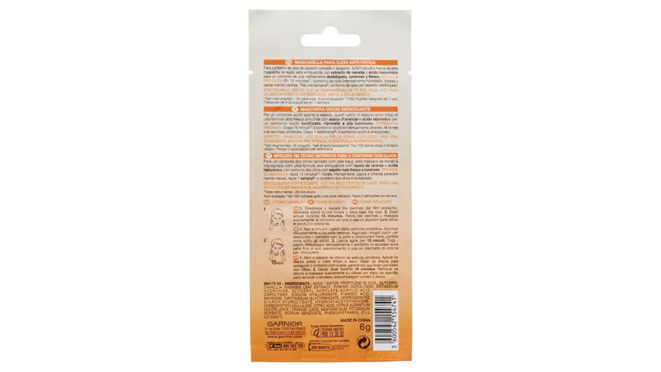 Garnier Skincare Maschera Occhi Anti Fatica Con Acqua Di Cocco E Acido Ialuronico, Arancione