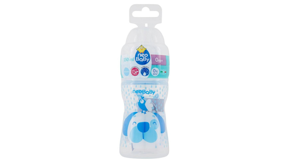 Neo Baby Biberon Plastica Azzurro Collo Largo 150ml 0m+
