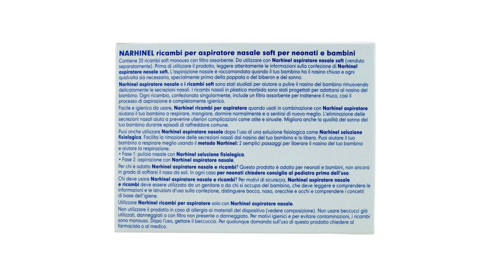 Narhinel Ricambi Usa E Getta Soft Aspiratore Nasale Deterge Naso Bambino E Rimuove Muco 20 Pz