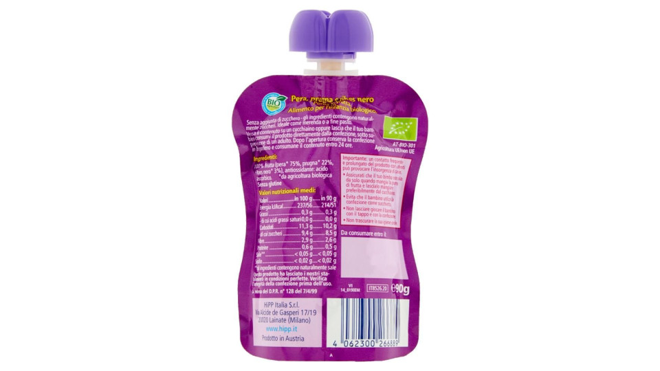 Hipp Biologico Frutta Frullata Pera, Prugna E Ribes Nero 90 G