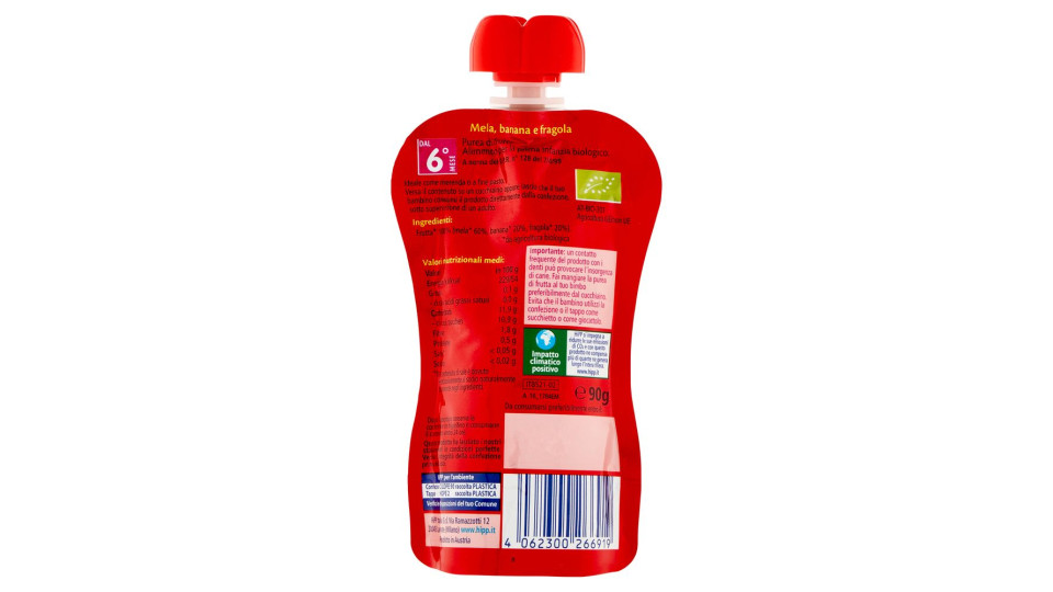 Hipp Biologico Frutta Frullata Mela, Banana E Fragola 90 G