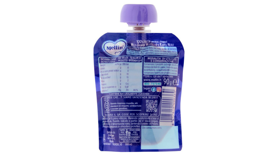 Mellin Merenda Di Frutta 100% Con Carota, Mirtillo E Ribes Nero, Dal 6° Mese, Pouch 90 G
