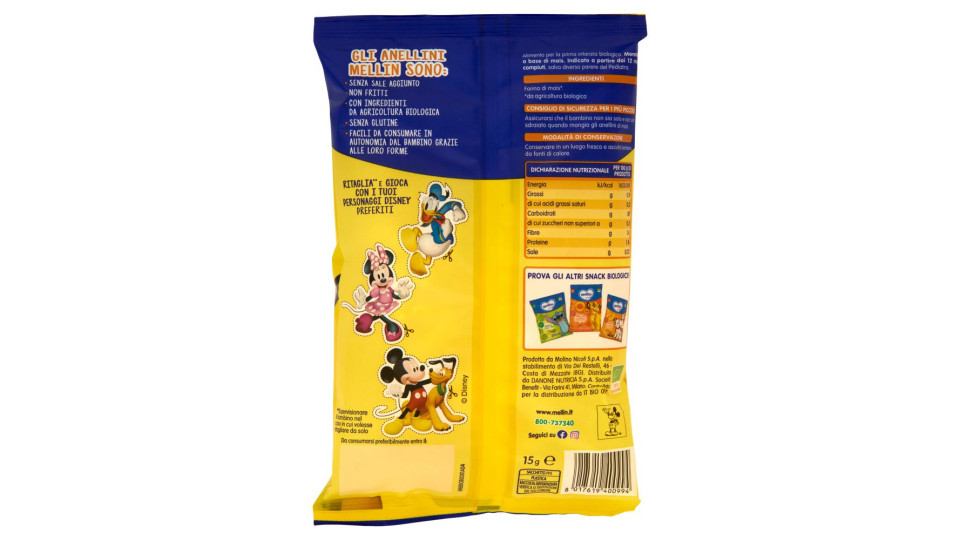 Mellin Anellini Di Mais, Disney Mickey Mouse, Snack Biologico, Senza Glutine, Adatto Dai 12 Mesi 15g