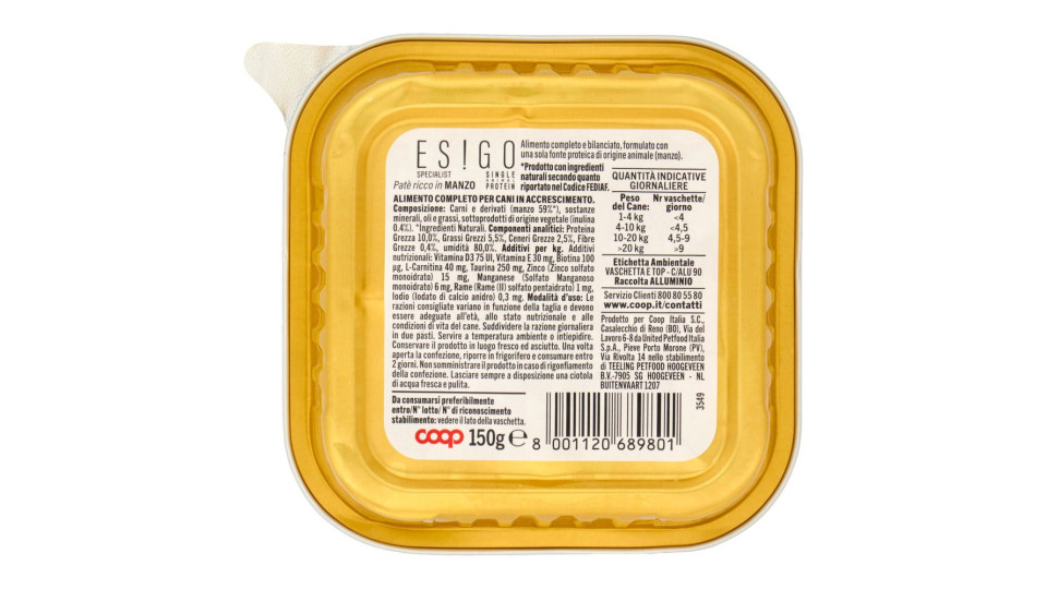Patè Ricco In Manzo Specialist Single Animal Protein Cani Cuccioli 150 G