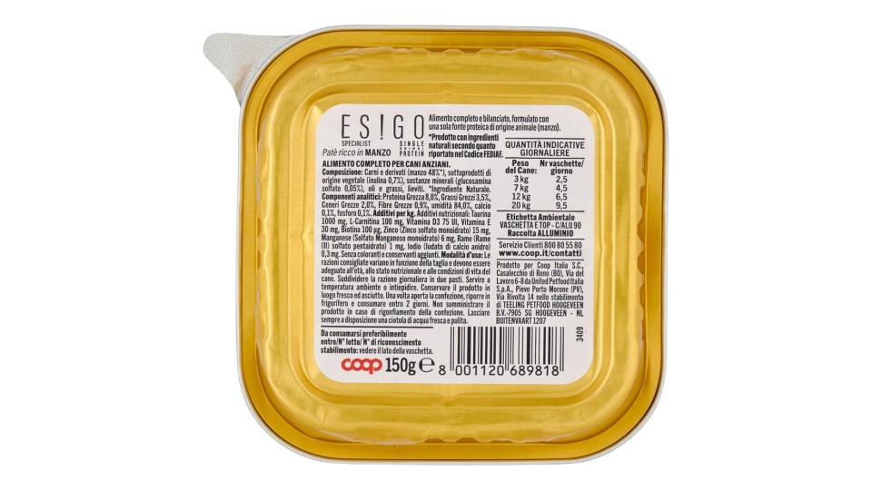 Patè Ricco In Manzo Specialist Single Animal Protein Cani Senior 150 G