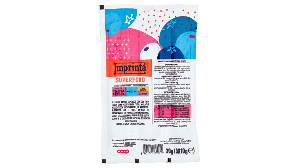 Superfood Stick Con Trota Fresca Mirtilli Cani Adulti All Sizes 3 X 10 G