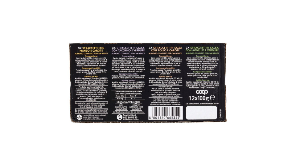 Straccetti In Salsa Manzo E Carote, Tacchino E Verdure, Pollo E Carote, Agnello E Verdure 12 X 100 G