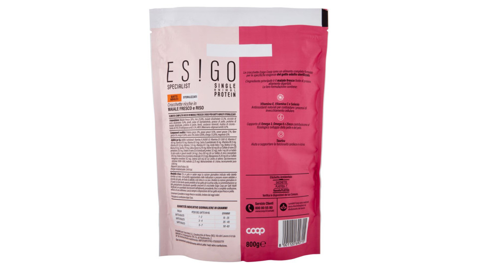 Specialist Single Animal Protein Gatti Adulti Sterilizzati Crocchette Maiale Fresco E Riso 800 G