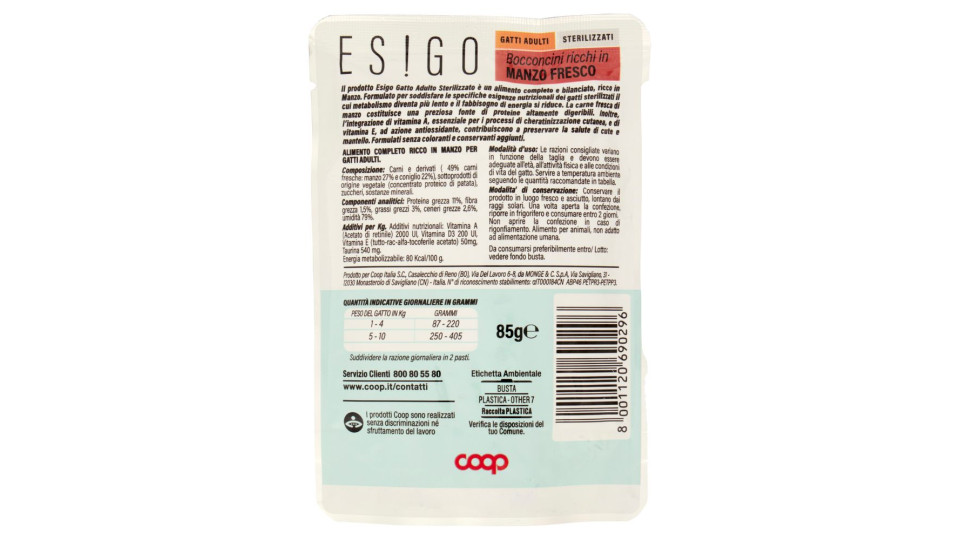 Bocconcini Ricchi In Manzo Fresco Gatti Adulti Sterilizzati 85 G